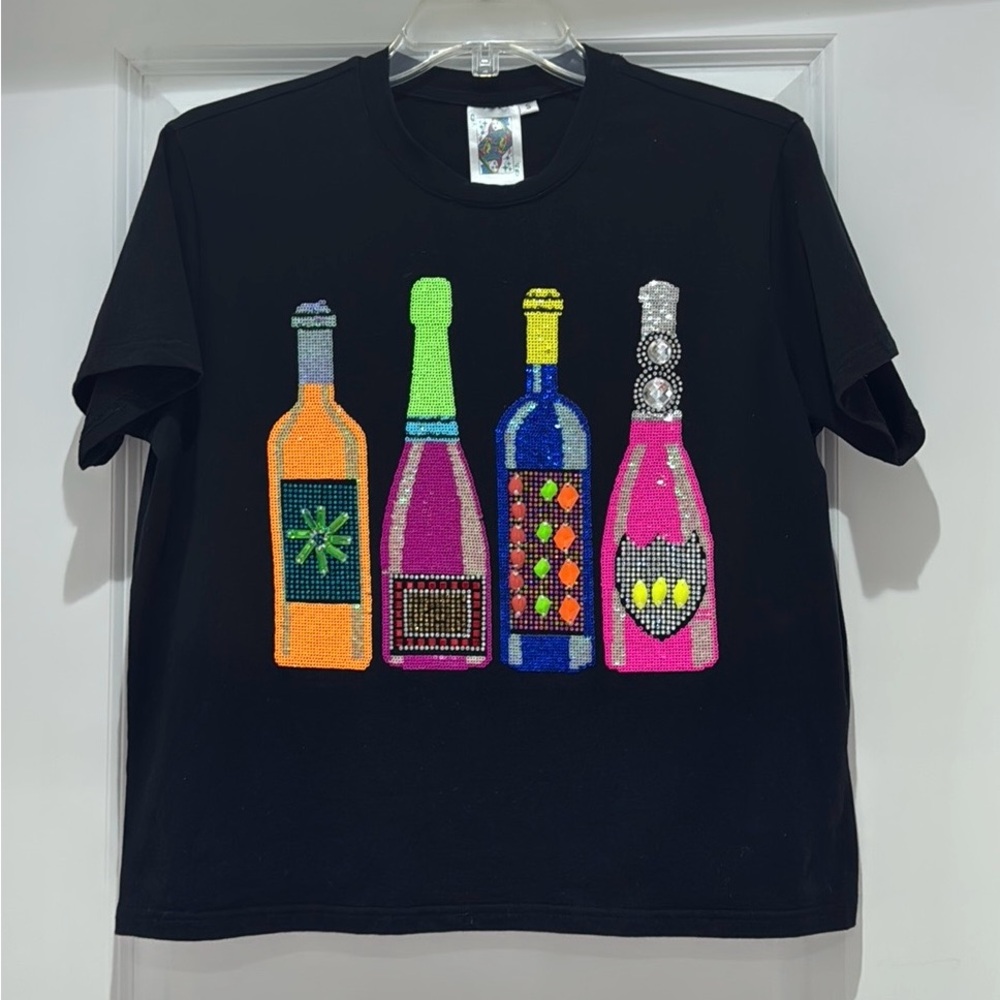 Queen Of Sparkles Neon Bottles Short Sleeve Graphic Tee Black Womens Size S EUC
